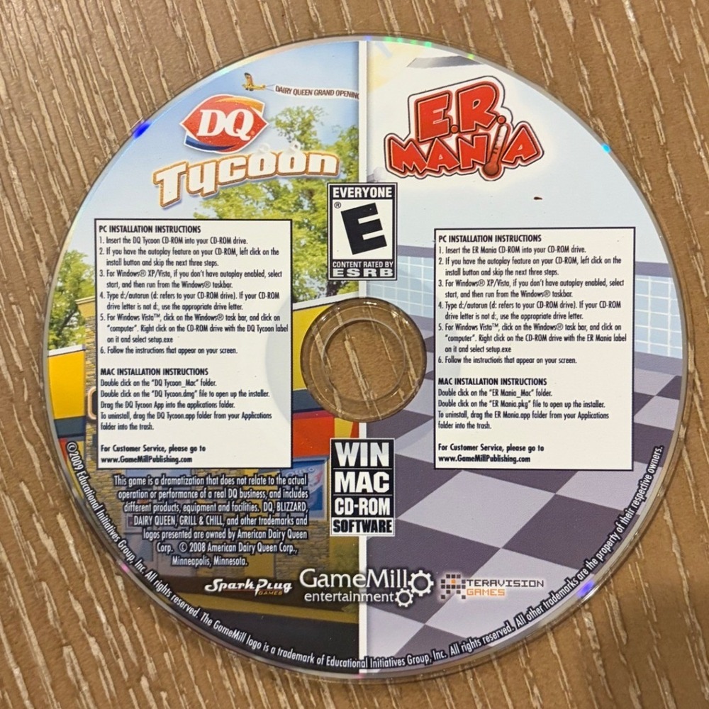 DQ Tycoon E.R. Mania 2-in-1 PC Mac CD-ROM Game Dairy Queen ER Mania 2008 Disc